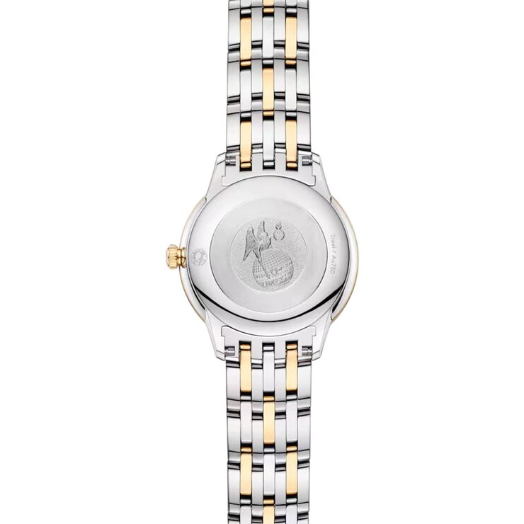 Omega horloge met een kast in geel goud op staal, met een wijzerplaat in het parelmoer met  briljant en een diameter van 27.5 mm