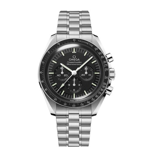 montre Omega avec un boîtier en acier, un cadran noir et un diamètre de 42 mm