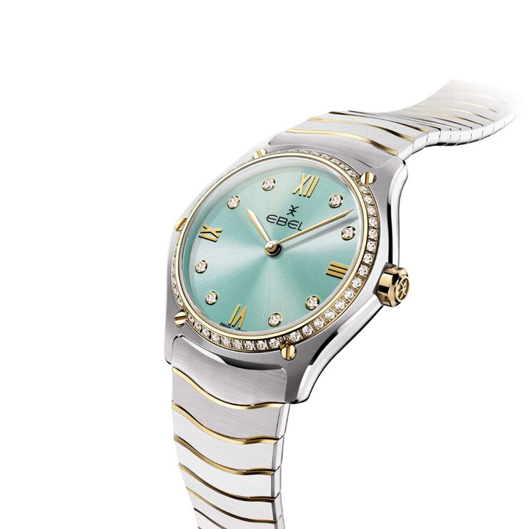 Ebel horloge met een kast in geel goud op staal, met een wijzerplaat in het blauw met briljant en een diameter van 29 mm