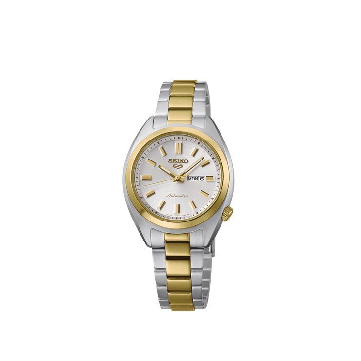 Seiko horloge met een kast in gele pvd-coating op staal, met een wijzerplaat in het zilver en een diameter van 32 mm