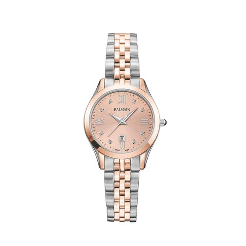 Balmain horloge met een kast in rosé pvd-coating op staal, met een wijzerplaat in het rosé met briljant en een diameter van 30 mm