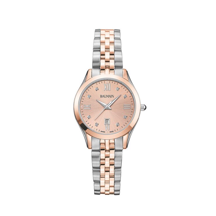 Balmain horloge met een kast in rosé pvd-coating op staal, met een wijzerplaat in het rosé met briljant en een diameter van 30 mm