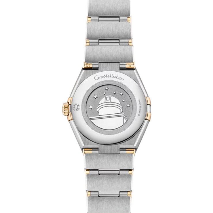 Omega horloge met een kast in geel goud op staal, met een wijzerplaat in het parelmoer met briljant en een diameter van 28 mm