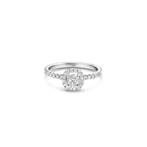bague de fiançailles The Exclusive Collection en or blanc 18 ct avec coussin diamant de 0.40 carat comme pierre principale entouré de briljants de 0,30 karaat