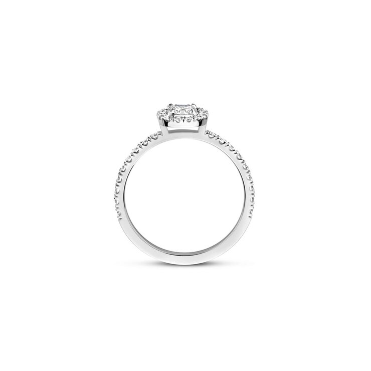 The Exclusive Collection verlovingsring in wit goud 18kt met cushion diamant van 0,40 karaat als hoofdsteen omringd door briljanten van 0,30 karaat