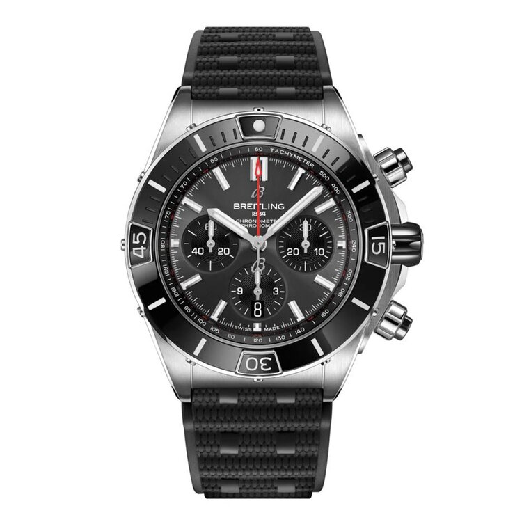 Breitling horloge met een kast in staal, met een wijzerplaat in het grijs en een diameter van 44 mm