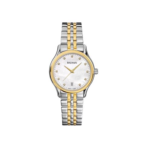 Balmain horloge met een kast in gele pvd-coating op staal, met een wijzerplaat in het parelmoer met  briljant en een diameter van 32 mm