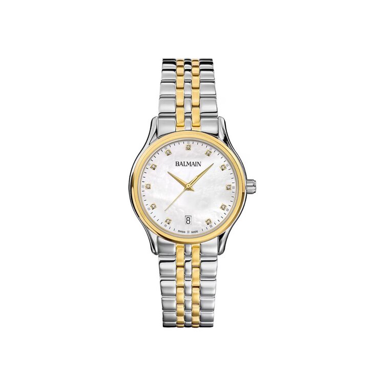 Balmain horloge met een kast in gele pvd-coating op staal, met een wijzerplaat in het parelmoer met  briljant en een diameter van 32 mm