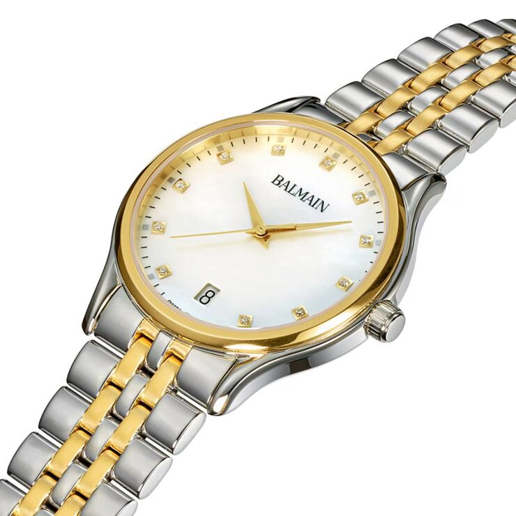 Balmain horloge met een kast in gele pvd-coating op staal, met een wijzerplaat in het parelmoer met  briljant en een diameter van 32 mm