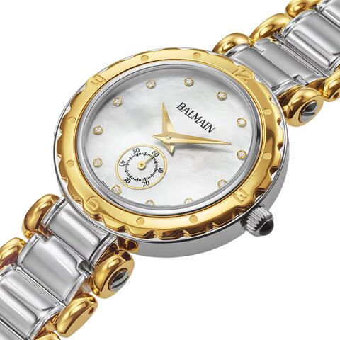 Balmain horloge met een kast in gele pvd-coating op staal, met een wijzerplaat in het parelmoer met  briljant en een diameter van 32 mm