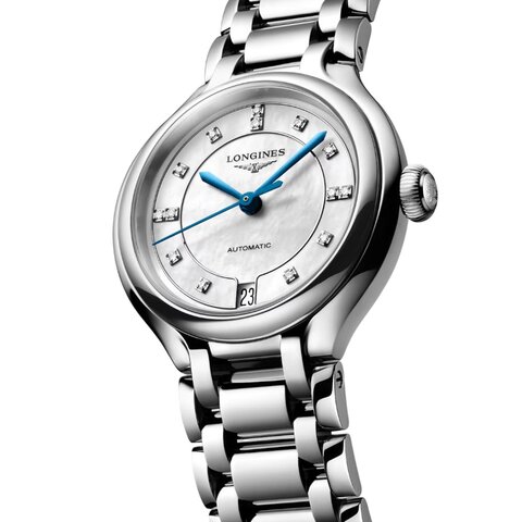 Longines horloge met een kast in staal, met een wijzerplaat in het parelmoer met  briljant en een diameter van 34 mm