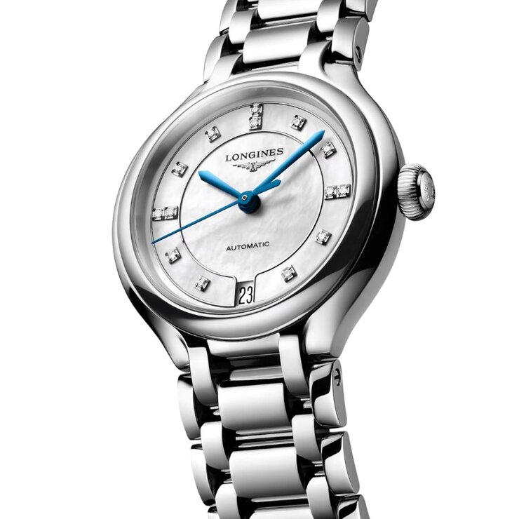 Longines horloge met een kast in staal, met een wijzerplaat in het parelmoer met briljant en een diameter van 34 mm