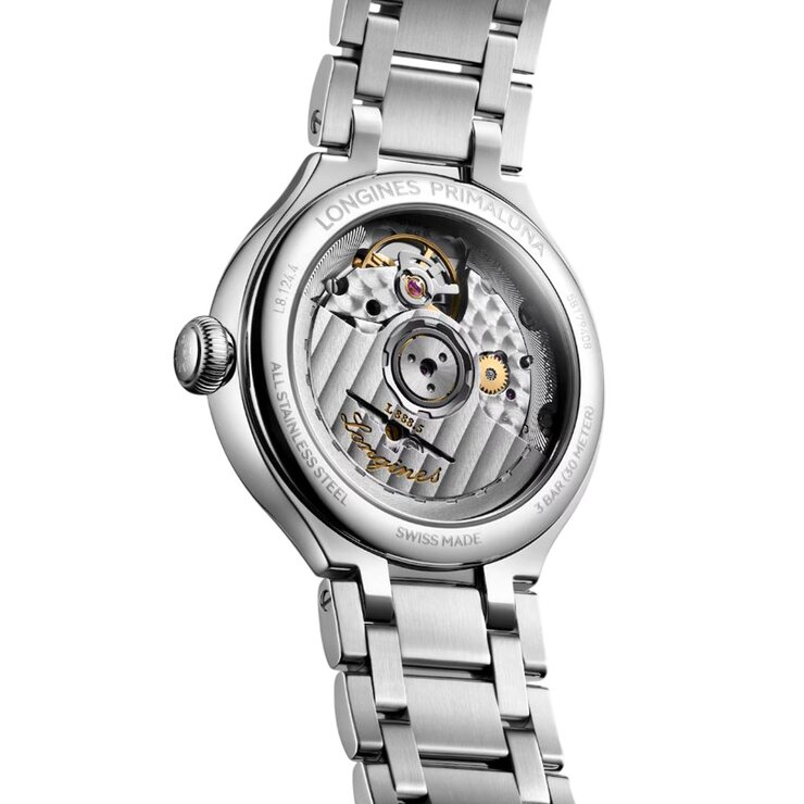 Longines horloge met een kast in staal, met een wijzerplaat in het parelmoer met briljant en een diameter van 34 mm