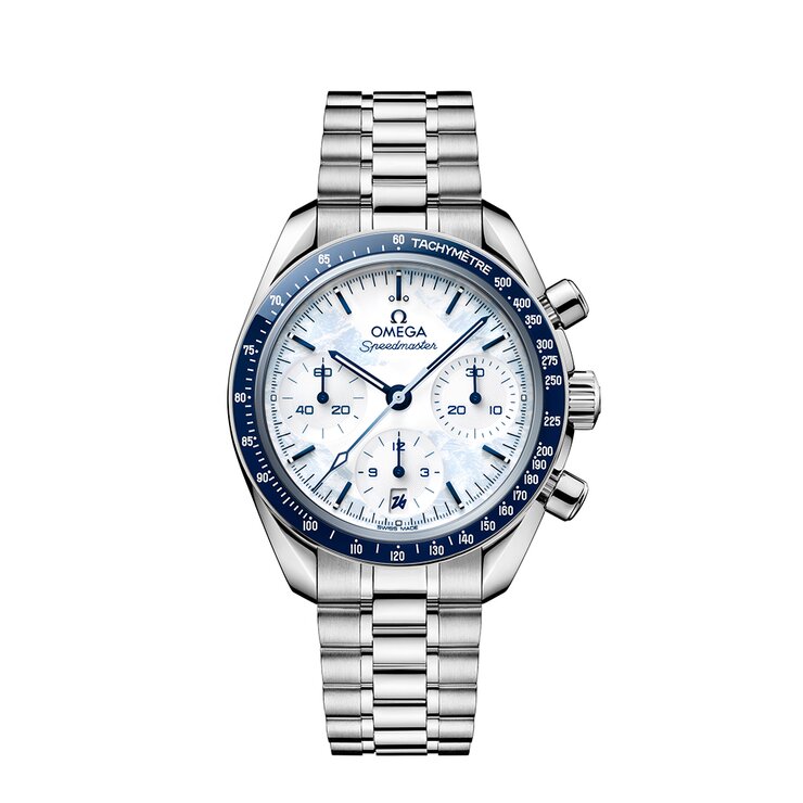 Omega horloge met een kast in keramiek op staal, met een wijzerplaat in het wit en een diameter van 38 mm