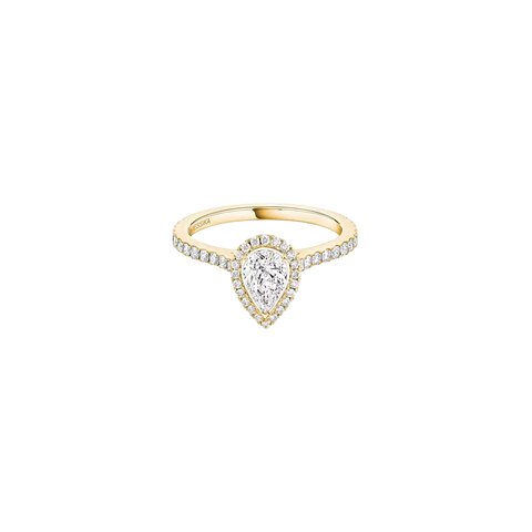 bague Messika en or jaune 18 ct avec diamant en forme de poire de 0.40 carat comme pierre principale entouré de briljants de 0,35 karaat