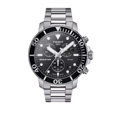 montre Tissot avec un boîtier en acier, un cadran noir et un diamètre de 45 mm