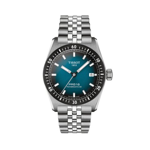 montre Tissot avec un boîtier en acier, un cadran bleu et un diamètre de 38 mm