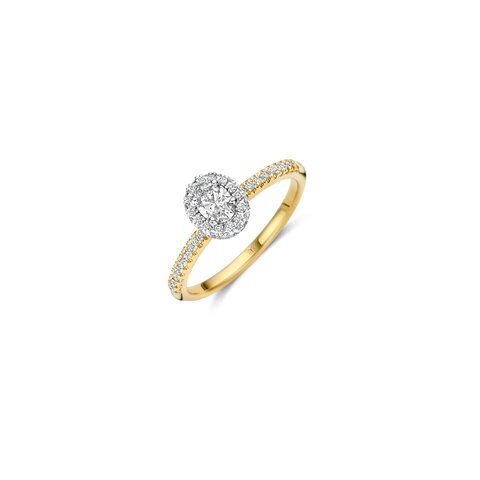 The Exclusive Collection verlovingsring in geel goud 18kt met ovalen diamant van 0,30 karaat omringd door briljanten van 0,30 karaat
