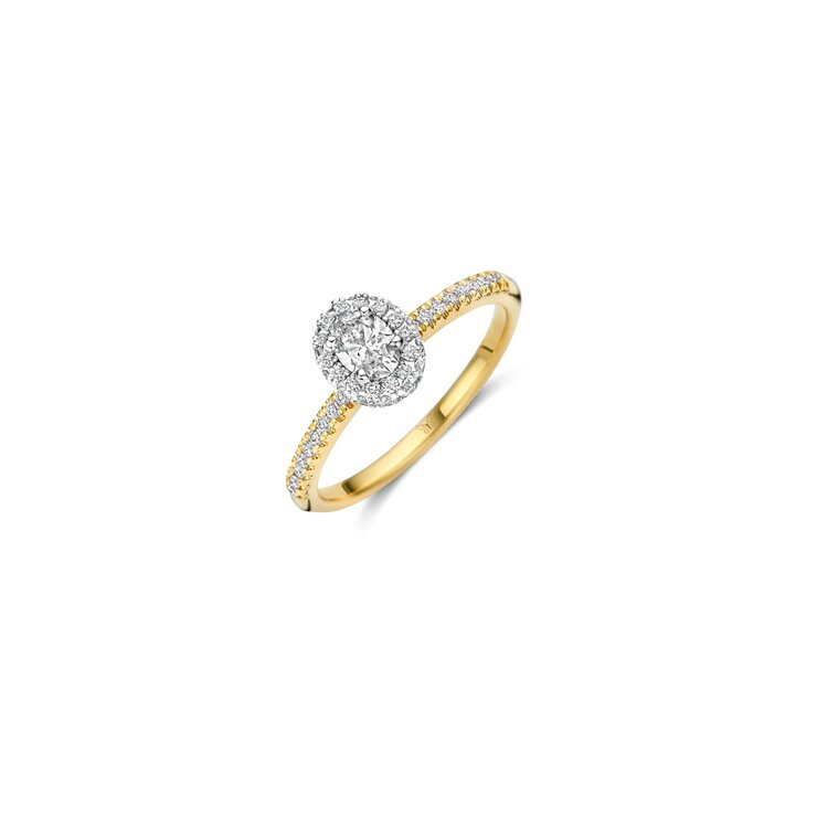 The Exclusive Collection verlovingsring in geel goud 18kt met ovalen diamant van 0,30 karaat omringd door briljanten van 0,30 karaat