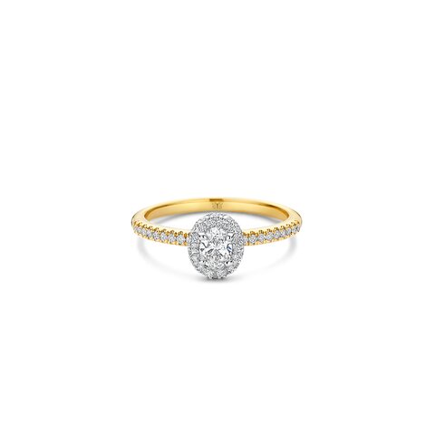 bague de fiançailles The Exclusive Collection en or jaune 18 ct avec diamant ovale de 0.30 carat entouré de briljants de 0,30 karaat