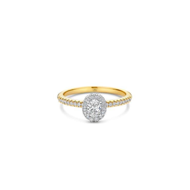 The Exclusive Collection verlovingsring in geel goud 18kt met ovalen diamant van 0,30 karaat omringd door briljanten van 0,30 karaat