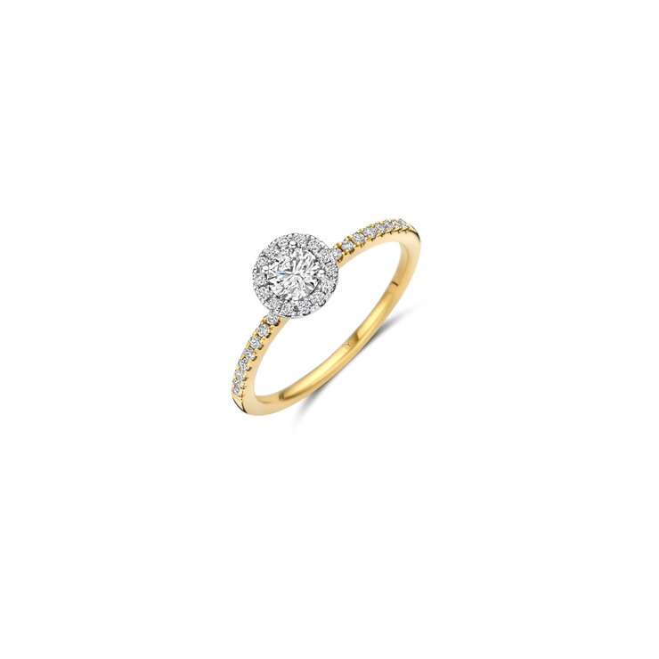 The Exclusive Collection verlovingsring in geel goud 18kt met briljant (ronde diamant) van 0,32 karaat als hoofdsteen omringd door briljanten van 0,21 karaat