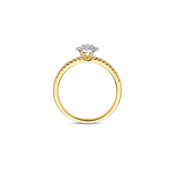 The Exclusive Collection verlovingsring in geel goud 18kt met briljant (ronde diamant) van 0,32 karaat als hoofdsteen omringd door briljanten van 0,21 karaat