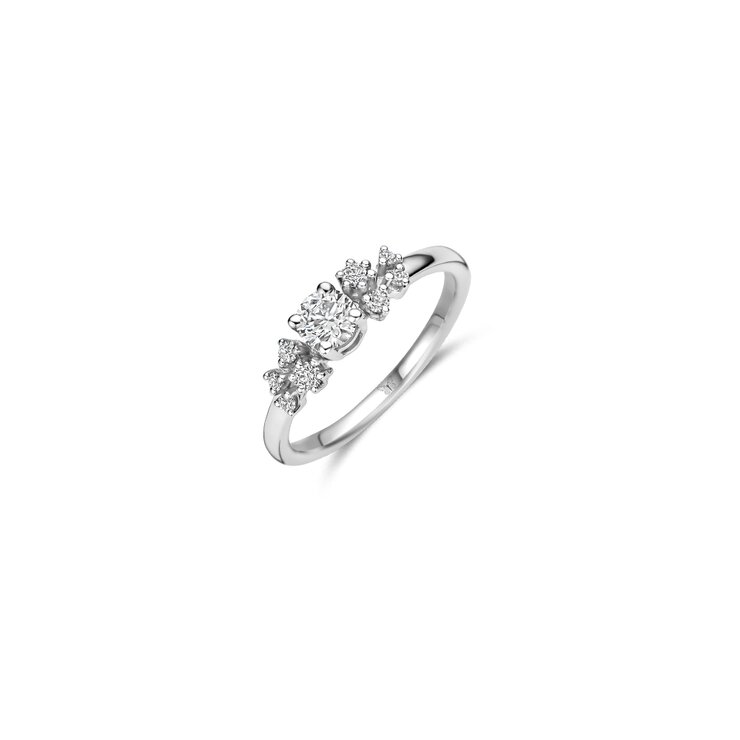 The Exclusive Collection verlovingsring in wit goud 18kt met briljant (ronde diamant) van 0,30 karaat als hoofdsteen omringd door briljanten van 0,14 karaat
