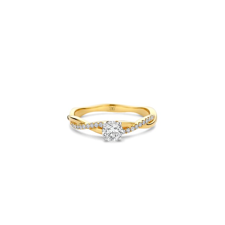 The Exclusive Collection verlovingsring in geel goud 18kt met briljant (ronde diamant) van 0,40 karaat als hoofdsteen omringd door briljanten van 0,10 karaat