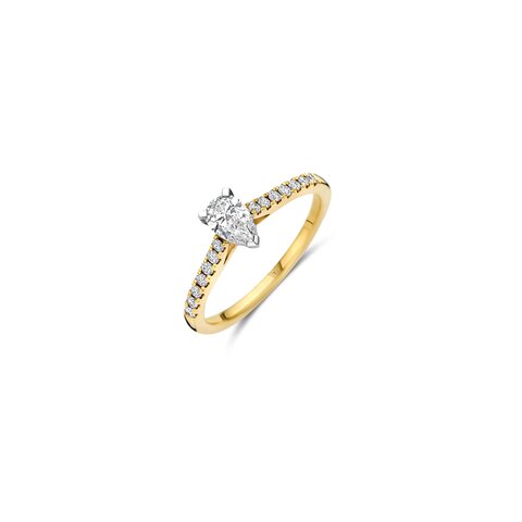 The Exclusive Collection verlovingsring in geel goud 18kt met peervormige diamant van 0,40 karaat als hoofdsteen omringd door briljanten van 0,18 karaat
