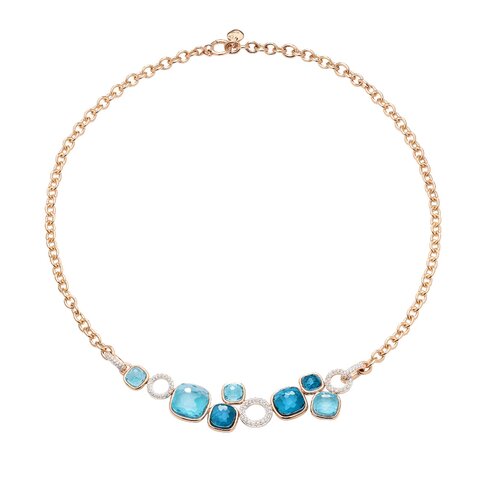 Pomellato ketting in rosé goud 18kt met topaas blauw & topaas london omringd door briljanten van 0,70 karaat