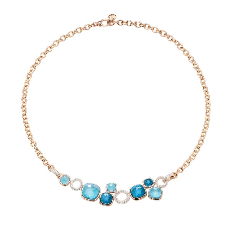 Pomellato ketting in rosé goud 18kt met topaas blauw & topaas london omringd door briljanten van 0,70 karaat