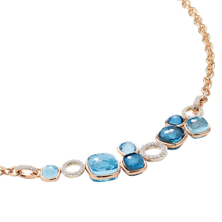 Pomellato ketting in rosé goud 18kt met topaas blauw & topaas london omringd door briljanten van 0,70 karaat