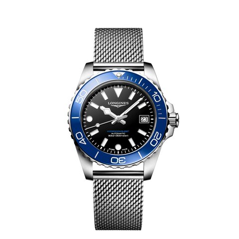 Longines horloge met een kast in keramiek op staal, met een wijzerplaat in het zwart en een diameter van 39 mm