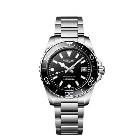 Longines horloge met een kast in keramiek op staal, met een wijzerplaat in het zwart en een diameter van 39 mm