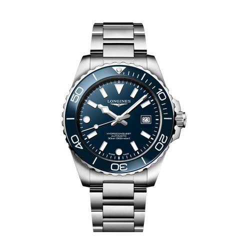 Longines horloge met een kast in keramiek op staal, met een wijzerplaat in het blauw en een diameter van 42 mm