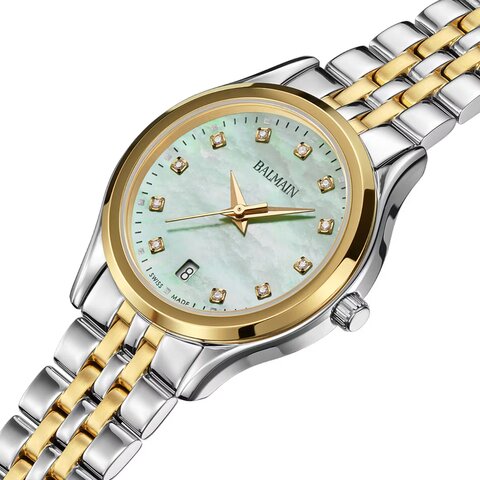 Balmain horloge met een kast in gele pvd-coating op staal, met een wijzerplaat in het parelmoer met  briljant en een diameter van 27.5 mm