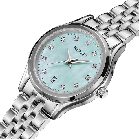Balmain horloge met een kast in staal, met een wijzerplaat in het parelmoer met  briljant en een diameter van 27.5 mm