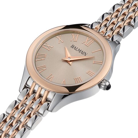 Balmain horloge met een kast in rosé pvd-coating op staal, met een wijzerplaat in het beige en een diameter van 25 mm