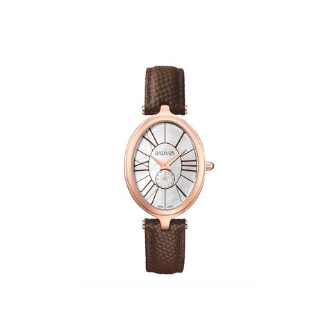Balmain horloge met een kast in rosé pvd-coating, met een wijzerplaat in het parelmoer en een diameter van 26 x 31.7 mm