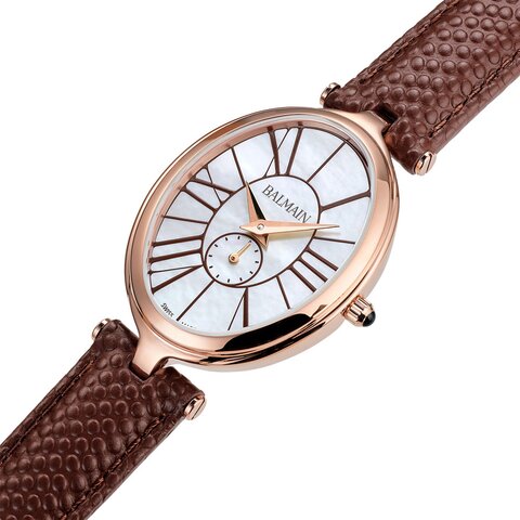 Balmain horloge met een kast in rosé pvd-coating, met een wijzerplaat in het parelmoer en een diameter van 26 x 31.7 mm