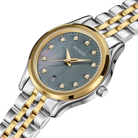 Balmain horloge met een kast in gele pvd-coating op staal, met een wijzerplaat in het parelmoer met  briljant en een diameter van 27.5 mm