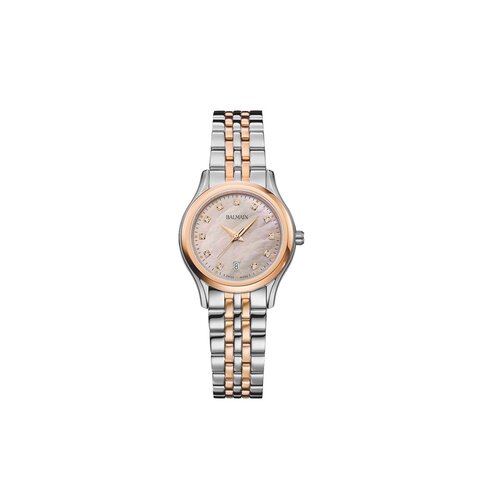 Balmain horloge met een kast in rosé pvd-coating op staal, met een wijzerplaat in het parelmoer met  briljant en een diameter van 27.5 mm
