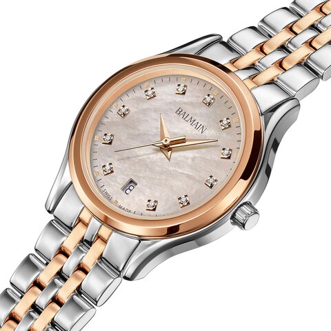 Balmain horloge met een kast in rosé pvd-coating op staal, met een wijzerplaat in het parelmoer met  briljant en een diameter van 27.5 mm