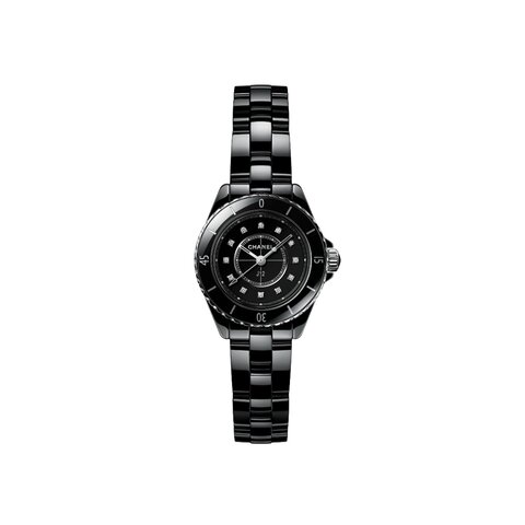 montre CHANEL avec un boîtier en céramique, un cadran noir avec brilliant et un diamètre de 28 mm
