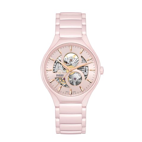 Rado horloge met een kast in keramiek, met een wijzerplaat in het roze en een diameter van 40 mm