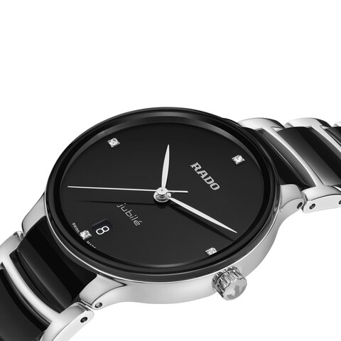 Rado horloge met een kast in staal, met een wijzerplaat in het zwart met briljant en een diameter van 35 mm