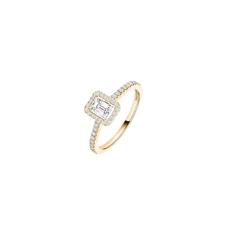 Messika ring in geel goud 18kt met emerald diamant van 0,25 karaat als hoofdsteen omringd door briljanten van 0,20 karaat