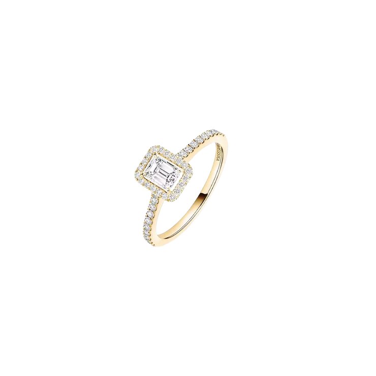 Messika ring in geel goud 18kt met emerald diamant van 0,25 karaat als hoofdsteen omringd door briljanten van 0,20 karaat