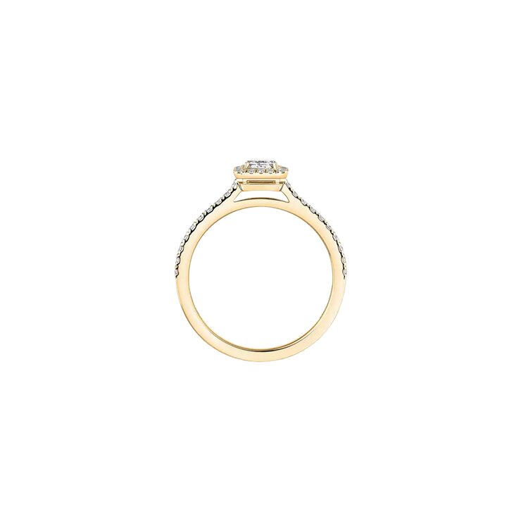 Messika ring in geel goud 18kt met emerald diamant van 0,25 karaat als hoofdsteen omringd door briljanten van 0,20 karaat
